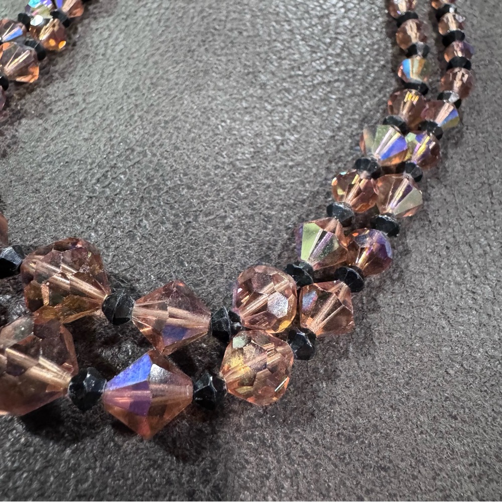 Vintage two stand Rise and Black Glass Bead aurora borealis Necklace - Picture 2 of 5